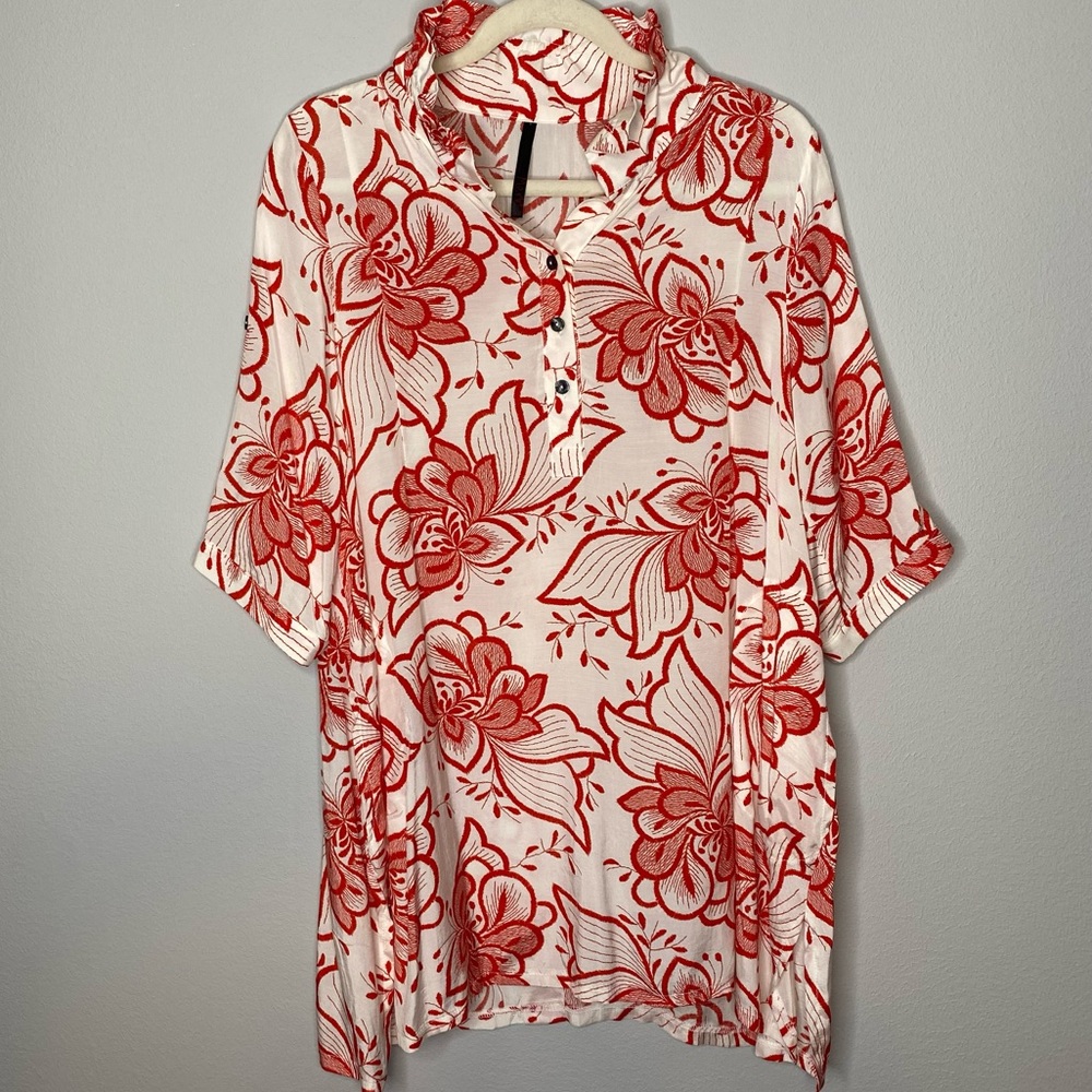 Merbe Korean Red Floral Print White Tunic Blouse Ruffled Collar Womens Sz XL